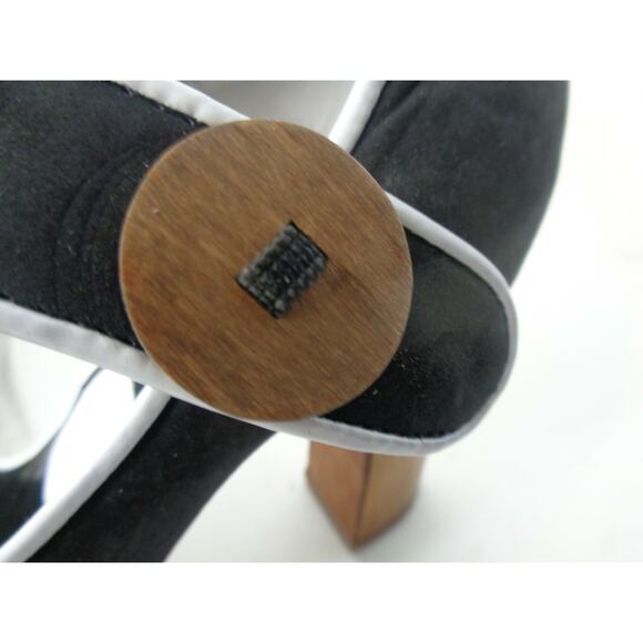 ras 6.5M Black / White Peep Leather Peep Toe Mary Jane Platform Wood Heel Shoes - Picture 7 of 9